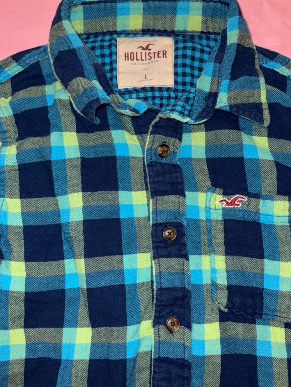 Hollister Blue and Green Plaid Button-Down Shirt